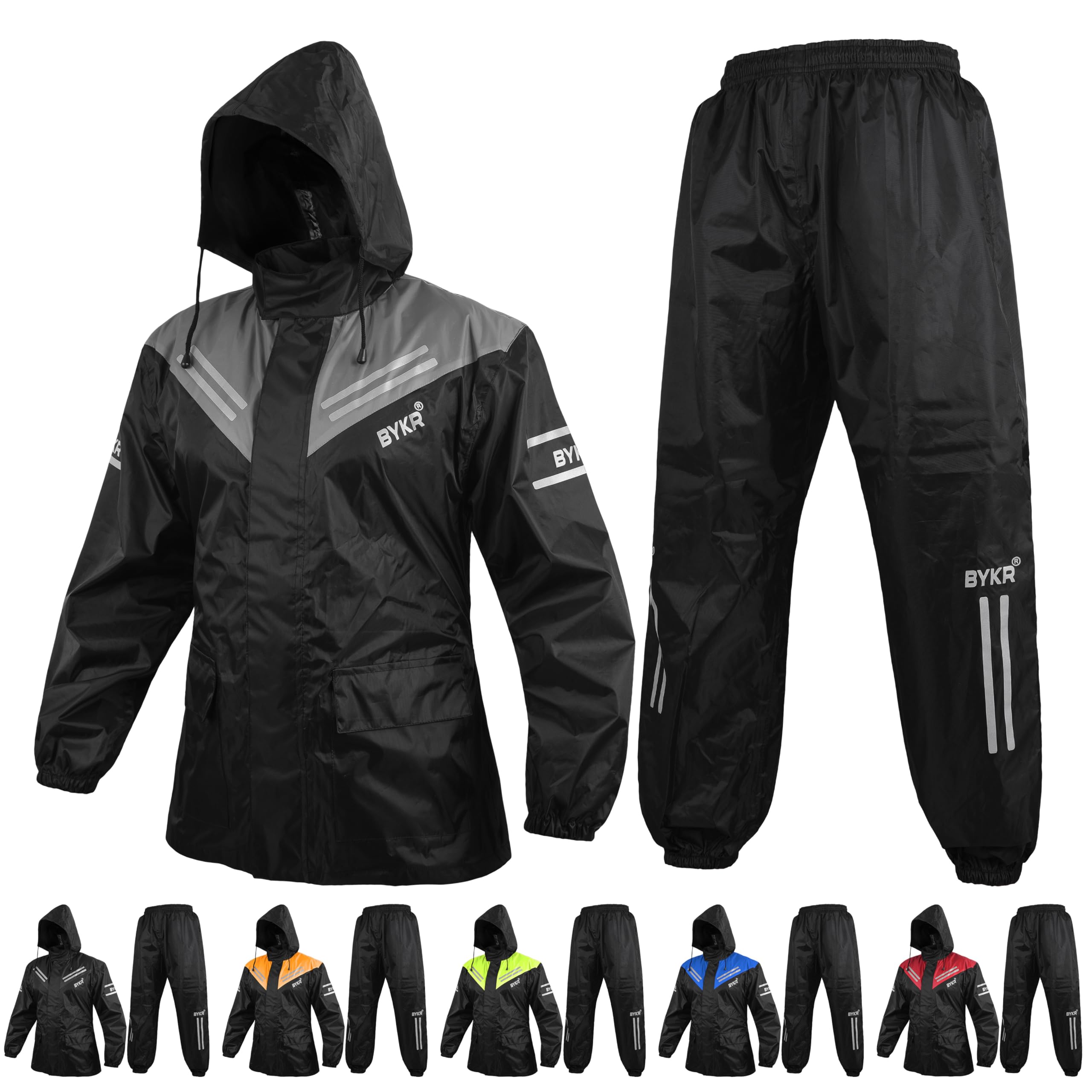 BYKR Waterproof Outdoors Motorcycle Rain Suits for Men & Women Cycling 2-Piece Breathable & Windproof Wet Weather Protection Motocross Rain Gear Reflective Rainwear All Sports Riding Rainsuit