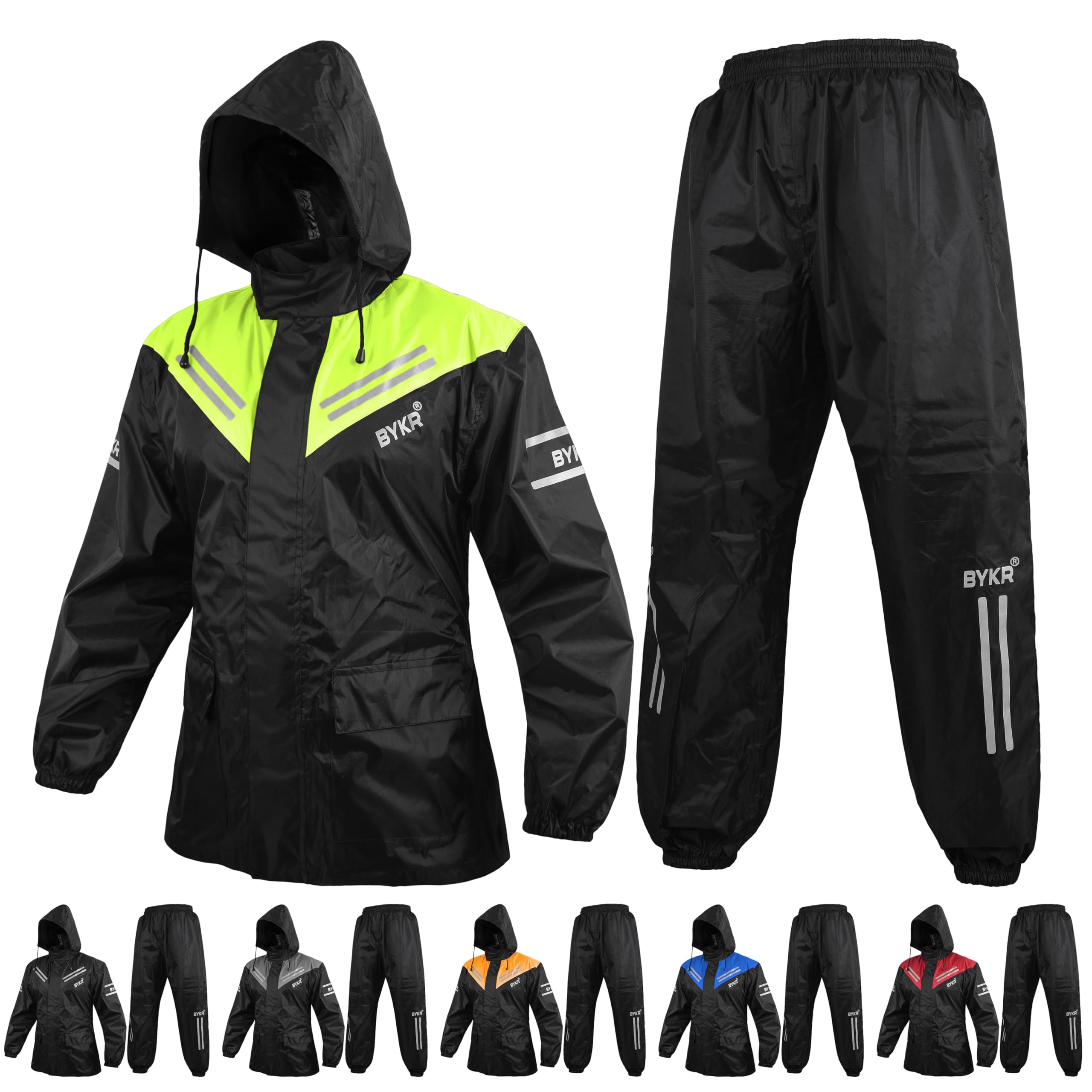 BYKR Waterproof Outdoors Motorcycle Rain Suits for Men & Women Cycling 2-Piece Breathable & Windproof Wet Weather Protection Motocross Rain Gear Reflective Rainwear All Sports Riding Rainsuit