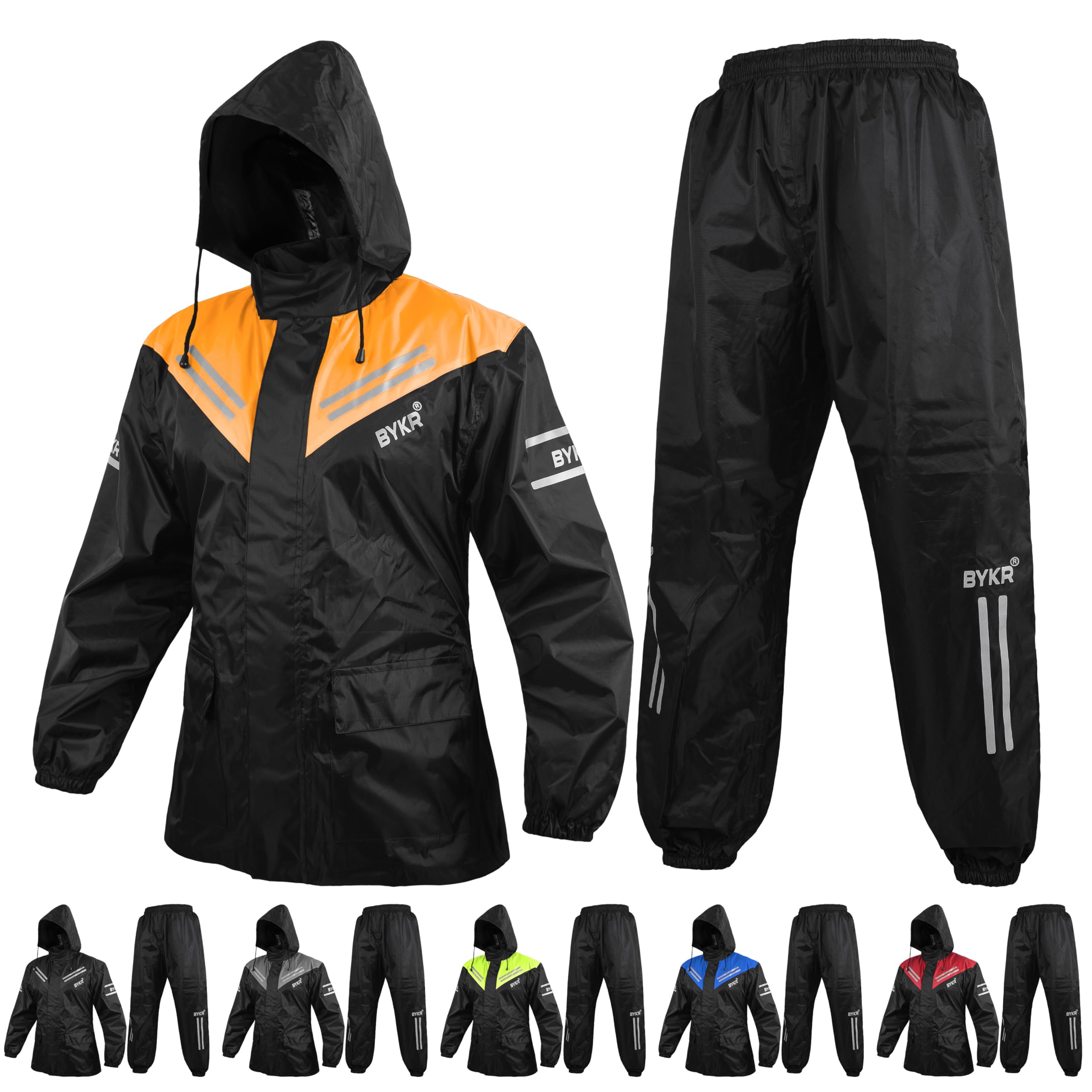 BYKR Waterproof Outdoors Motorcycle Rain Suits for Men & Women Cycling 2-Piece Breathable & Windproof Wet Weather Protection Motocross Rain Gear Reflective Rainwear All Sports Riding Rainsuit