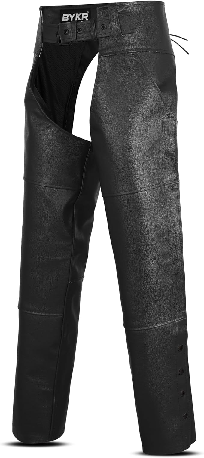 BYKR Leather Motorcycle Chaps for Men & Women Overpants Cowboy Riding Biker Vintage Chap Pants Adjustable Waist & Length