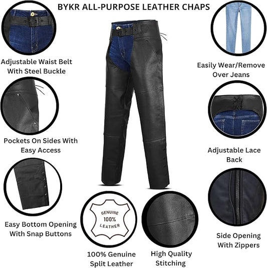 BYKR Leather Motorcycle Chaps for Men & Women Overpants Cowboy Riding Biker Vintage Chap Pants Adjustable Waist & Length