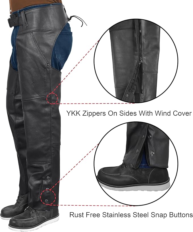 BYKR Leather Motorcycle Chaps for Men & Women Overpants Cowboy Riding Biker Vintage Chap Pants Adjustable Waist & Length